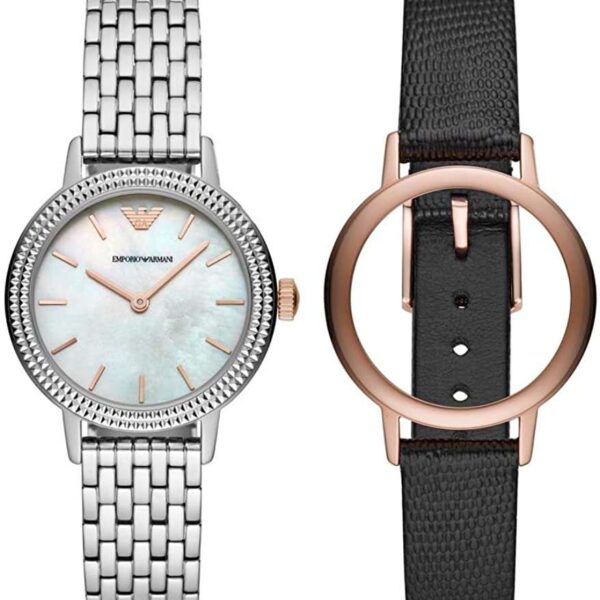set de reloj gris y correa negra marca Emporio Armani mujer