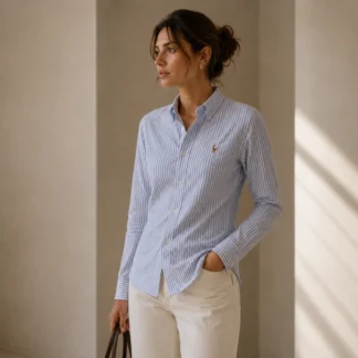 CAMISA POLO RALPH LAUREN SLIM FIT KNIT COTTON OXFORD MUJER - AZUL LINEAS