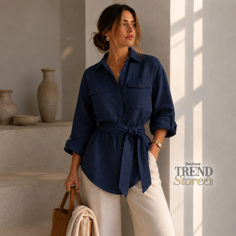 CAMISA LAUREN RALPH LAUREN RELAXED FIT DE LINO CON CINTURÓN MUJER AZUL
