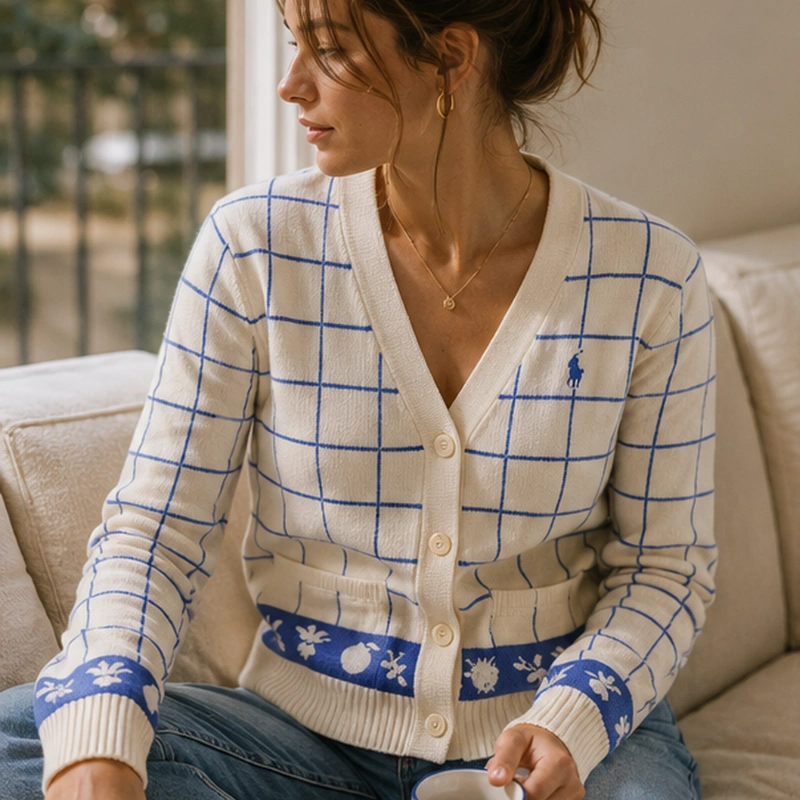 CARDIGAN POLO RALPH LAUREN WINDOWPANE COTTON V-NECK