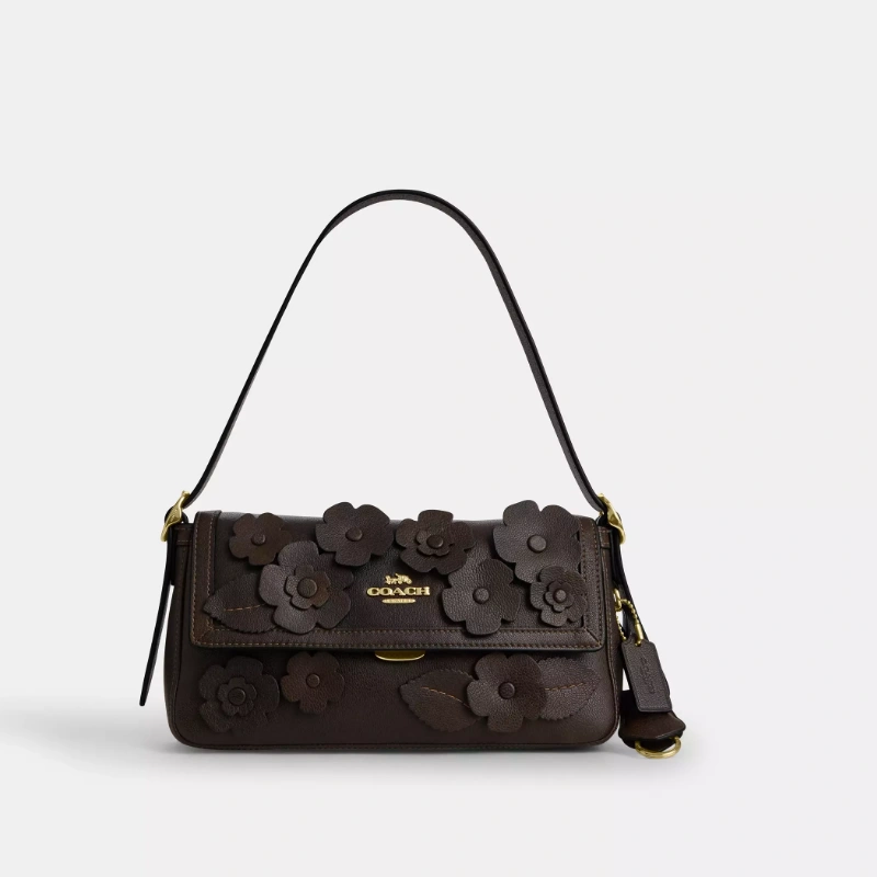 COACH ETTA SMALL FLAP SHOULDER BAG DE CUERO LISO MAPLE CON APLICACIONES FLORALES