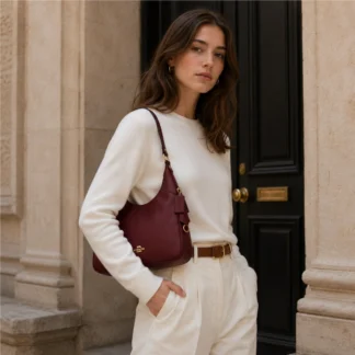 Coach Ella Shoulder Bag Maroon original disponible en Trendstore Chile • Bolso Coach Ella de cuero liso color Maroon vista frontal Chile • Cartera Coach Ella Shoulder Bag premium compra segura Chile • Detalle cuero liso Coach Ella Bag original con herrajes dorados • Vista lateral Coach Ella Shoulder Bag color Maroon Trendstore Chile • Interior organizado Coach Ella Bag con bolsillo y cierre superior • Bolso Coach original