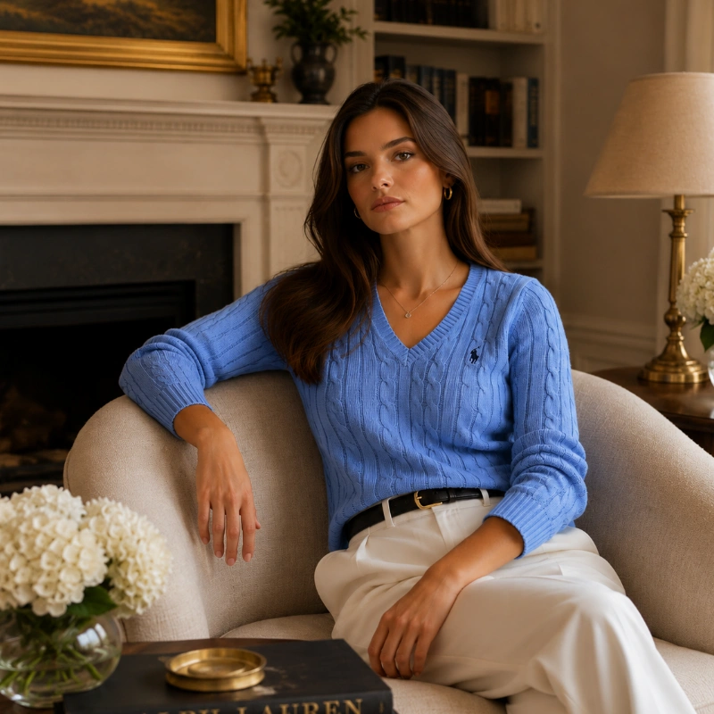 SWEATER POLO RALPH LAUREN CABLE KNIT ALGODÓN CELESTE