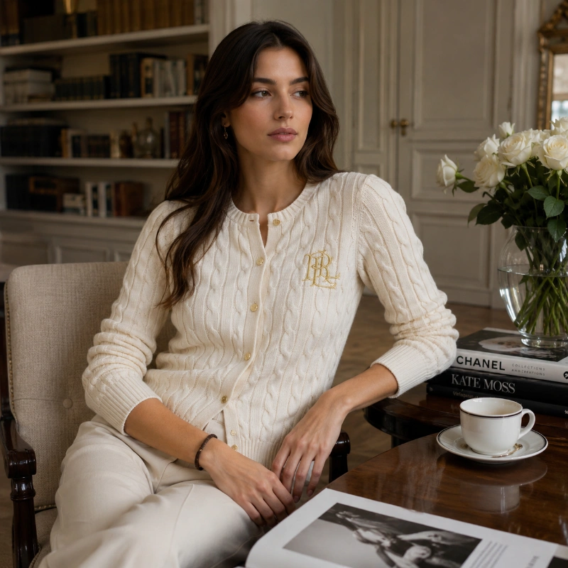 CARDIGAN RALPH LAUREN - TEJIDO CABLE KNIT CREMA DE ALGODÓN