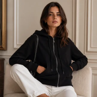 Este polerón es de esos que elevan un look básico sin hacer ningún esfuerzo. Por delante mantiene un estilo minimalista, pero al dar la vuelta aparece el espectacular bordado Devil que le da toda la personalidad. Me encanta porque es cómodo, versátil y tiene ese aire rock chic que hace inconfundible a Zadig & Voltaire. Una prenda que vas a usar una y otra vez, sin importar la temporada. DESCRIPCIÓN LARGA El ZADIG & VOLTAIRE ASPENE DEVIL SWEATSHIRT NEGRO CON BORDADO DEVIL combina comodidad, diseño contemporáneo y el inconfundible estilo rock chic de la firma francesa. Con un diseño limpio en la parte frontal y un llamativo bordado Devil en la espalda, este polerón con cierre se convierte en una prenda icónica para quienes buscan destacar con un look moderno y sofisticado. Confeccionado con una mezcla de algodón orgánico y poliéster, ofrece una textura suave, excelente comodidad y gran durabilidad para el uso diario. Su interior resulta agradable al contacto con la piel, mientras que su tejido mantiene la estructura de la prenda incluso después de múltiples usos. El diseño incorpora una capucha con cordón ajustable, cierre frontal completo y dos prácticos bolsillos delanteros, aportando funcionalidad sin perder elegancia. Los puños y el borde inferior acanalados proporcionan un mejor ajuste y ayudan a conservar la forma del polerón. Su corte de calce regular permite combinarlo fácilmente con jeans, leggings, pantalones cargo o incluso faldas para crear looks urbanos con el sello característico de Zadig & Voltaire. Es una prenda ideal para usar durante todo el año gracias a su versatilidad y comodidad. En Trendstore Chile seleccionamos prendas originales de las marcas más exclusivas de Europa y Estados Unidos para ofrecer moda auténtica, premium y difícil de encontrar en Chile. El Aspene Devil Sweatshirt es una excelente opción para mujeres que buscan calidad, diseño y un estilo único. Composición: • 65% algodón (incluye 65% de algodón de cultivo orgánico) • 35% poliéster Características destacadas: • Polerón con cierre completo • Capucha con cordón ajustable • Bordado Devil exclusivo en la espalda • Dos bolsillos delanteros • Manga larga • Puños y basta acanalados • Calce regular (True to Size) • Producto original Zadig & Voltaire Referencia de talla: • La modelo mide 179 cm y utiliza talla S. • Se recomienda elegir la talla habitual. Cuidados: • Lavar a máquina a 30 °C en ciclo delicado. • Lavar del revés junto con prendas de colores similares. • Secar al aire. • Planchar del revés a una temperatura máxima de 110 °C, evitando el bordado. SEO PARA IMÁGENES • Zadig & Voltaire Aspene Devil Sweatshirt negro original disponible en Trendstore Chile • Polerón Zadig & Voltaire con bordado Devil vista frontal compra segura Chile • Espalda con bordado Devil Aspene Sweatshirt original Zadig & Voltaire • Polerón negro con cierre y capucha Zadig & Voltaire para mujer • Vista lateral Aspene Devil Sweatshirt premium envío a todo Chile • Detalle bordado Devil Zadig & Voltaire algodón orgánico original • Polerón rock chic Zadig & Voltaire exclusivo para mujer Trendstore Chile • Zadig & Voltaire Aspene Devil Sweatshirt premium disponible en Trendstore Chile