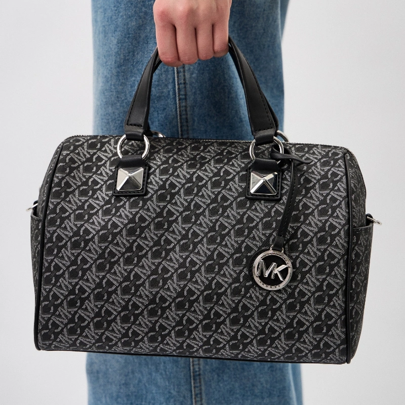 CARTERA SATCHEL MICHAEL KORS GRAYSON MEDIANA EMPIRE LOGO METALIZADO NEGRO/PLATEADO