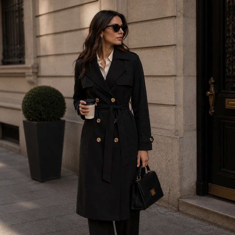ABRIGO MICHAEL KORS GABARDINA DRAPEY NEGRA CON CINTURÓN