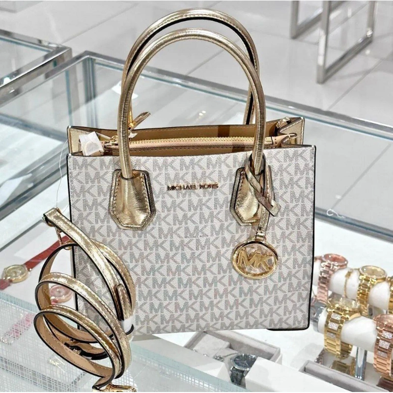 CARTERA CROSSBODY MICHAEL KORS MERCER MEDIANA SIGNATURE LOGO VAINILLA DORADO METALIZADO