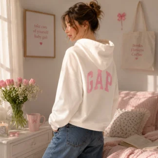 POLERÓN GAP MINI LOGO CROPPED HOODIE MUJER - BLANCO ROSA