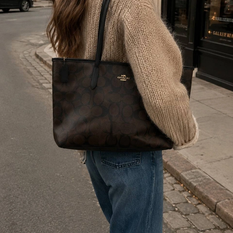 TOTE COACH LARGE CITY MAXI SIGNATURE CANVAS GOLD/WALNUT/BLACK