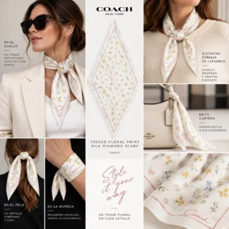 - Pañuelo Coach Tossed Floral Print Silk Diamond Scarf - pañuelo Coach floral de seda - Coach Floral Silk Scarf - pañuelo de seda Coach mujer - pañuelo floral Coach original - pañuelo Coach estampado floral - pañuelo Coach para cartera - pañuelo de seda floral mujer - accesorio Coach mujer - pañuelo Coach original Trendstore Chile Pañuelo Coach, Coach Silk Scarf, Coach Floral Scarf, Tossed Floral Print Silk Diamond Scarf, pañuelo Coach floral, pañuelo Coach de seda, pañuelo floral mujer, pañuelo de seda mujer, accesorio Coach, pañuelo Coach para cartera, Coach original Chile, Trendstore Chile. Pañuelo Coach Tossed Floral Print Silk Diamond Scarf con delicado estampado floral. Confeccionado en seda suave y liviana, ideal para complementar cualquier look.