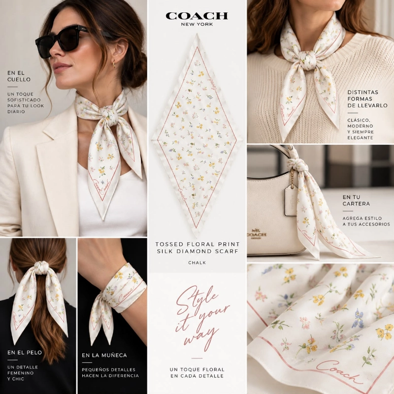 PAÑUELO COACH TOSSED FLORAL PRINT SILK DIAMOND SCARF